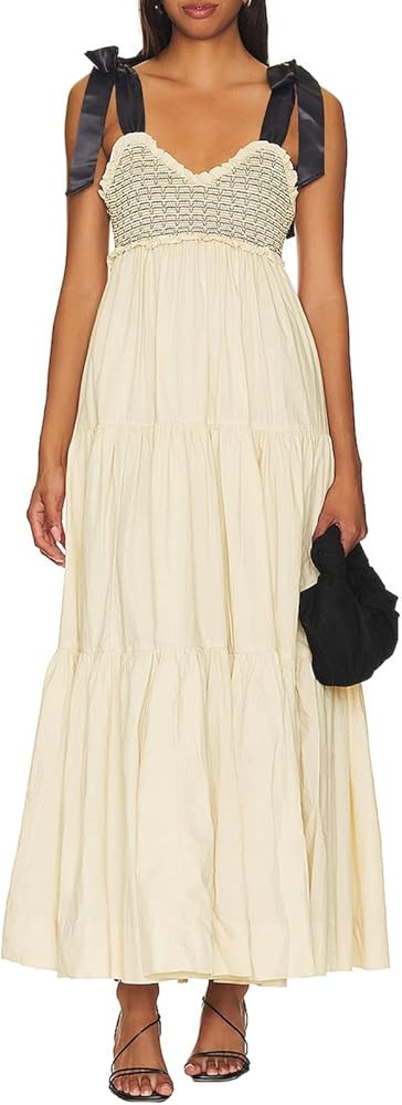 Women Summer Boho Maxi Dress Tie Straps V Neck Vintage Floral Print Patchwork Dress Tiered Flowy ... | Amazon (US)