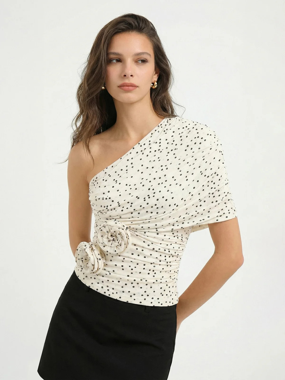 Polka Dot 3D Flower One Shoulder Top | Commense