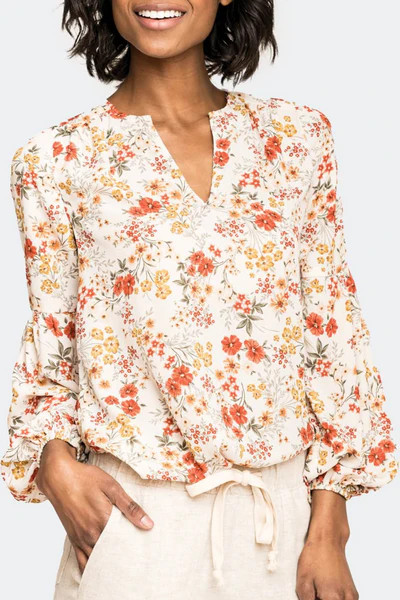 Split Neck Blouson Sleeve Tunic | Gibson