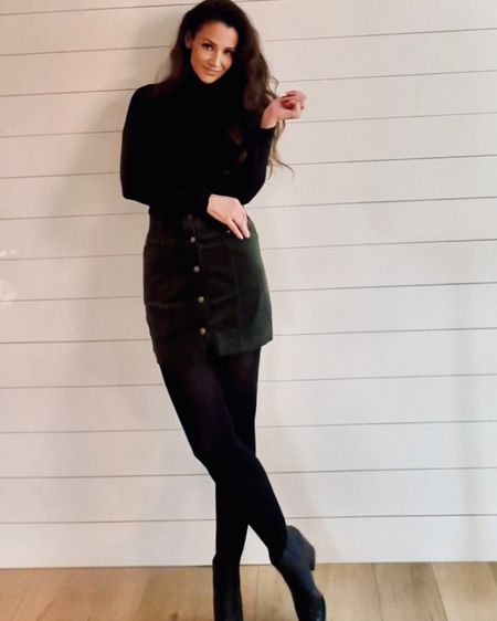 My go-to fall outfit — Black turtleneck bodysuit, a cute mini-skirt, tights and knee high boots or booties. This skirt is a beautiful shade of deep dark green and I’m a medium 💚

🏷️ miniskirt , minis , fall outfit idea , workwear , work outfits , casual chic , black boots , turtleneck , bodysuit , Marc fisher , lulus , Amazon fashion , affordable clothes