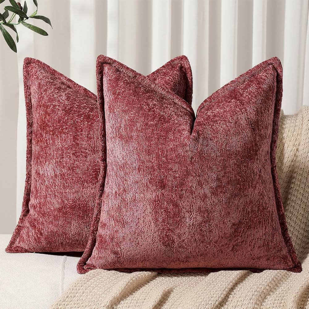 Amazon.com: DEZENE Pack of 2 Burgundy Fall Decorative Throw Pillow Covers 18x18 Cozy Soft Chenill... | Amazon (US)
