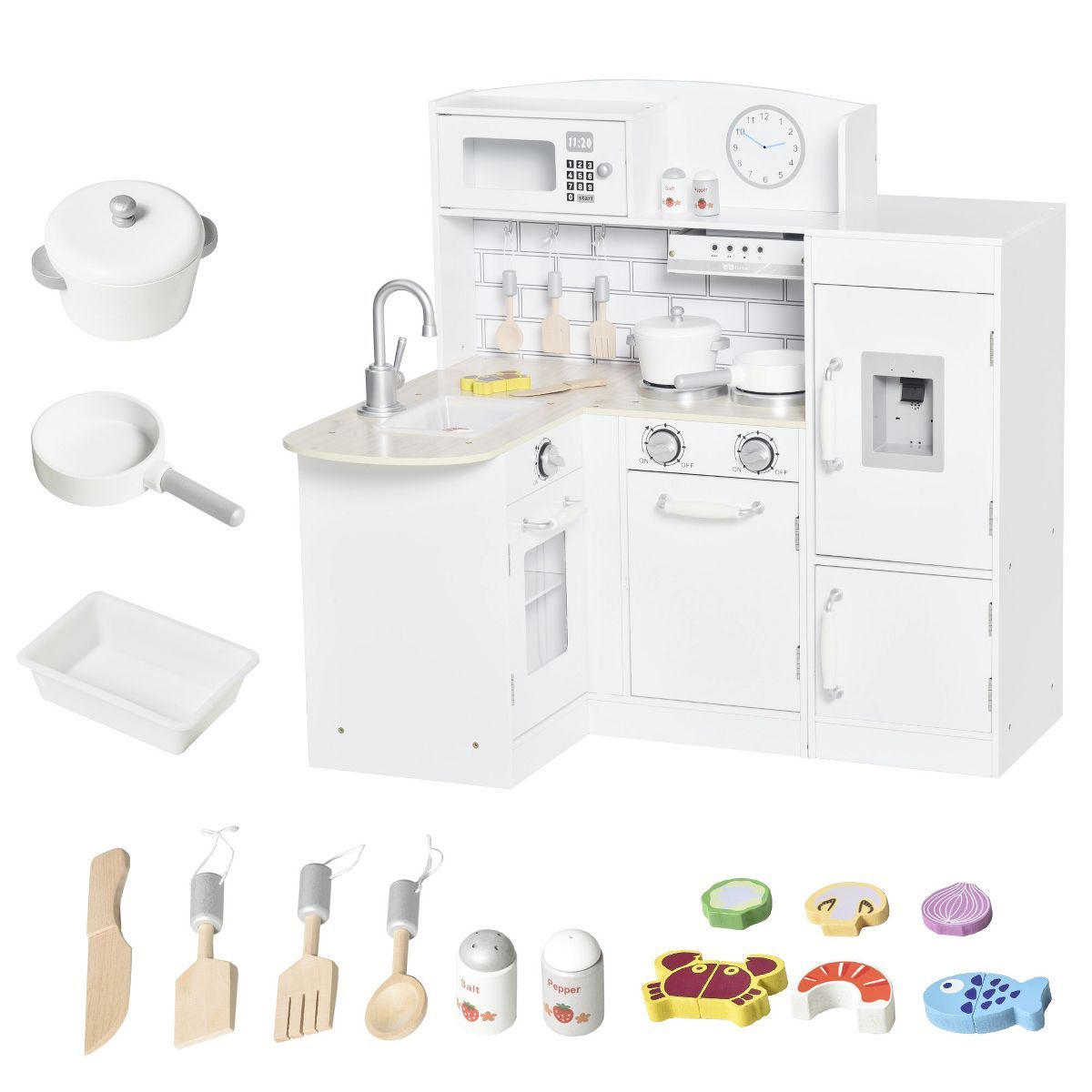 Qaba Kids Play Kitchen Set Pretend Wooden Cooking Toy Set with Drinking Fountain, Microwave, Frid... | Target