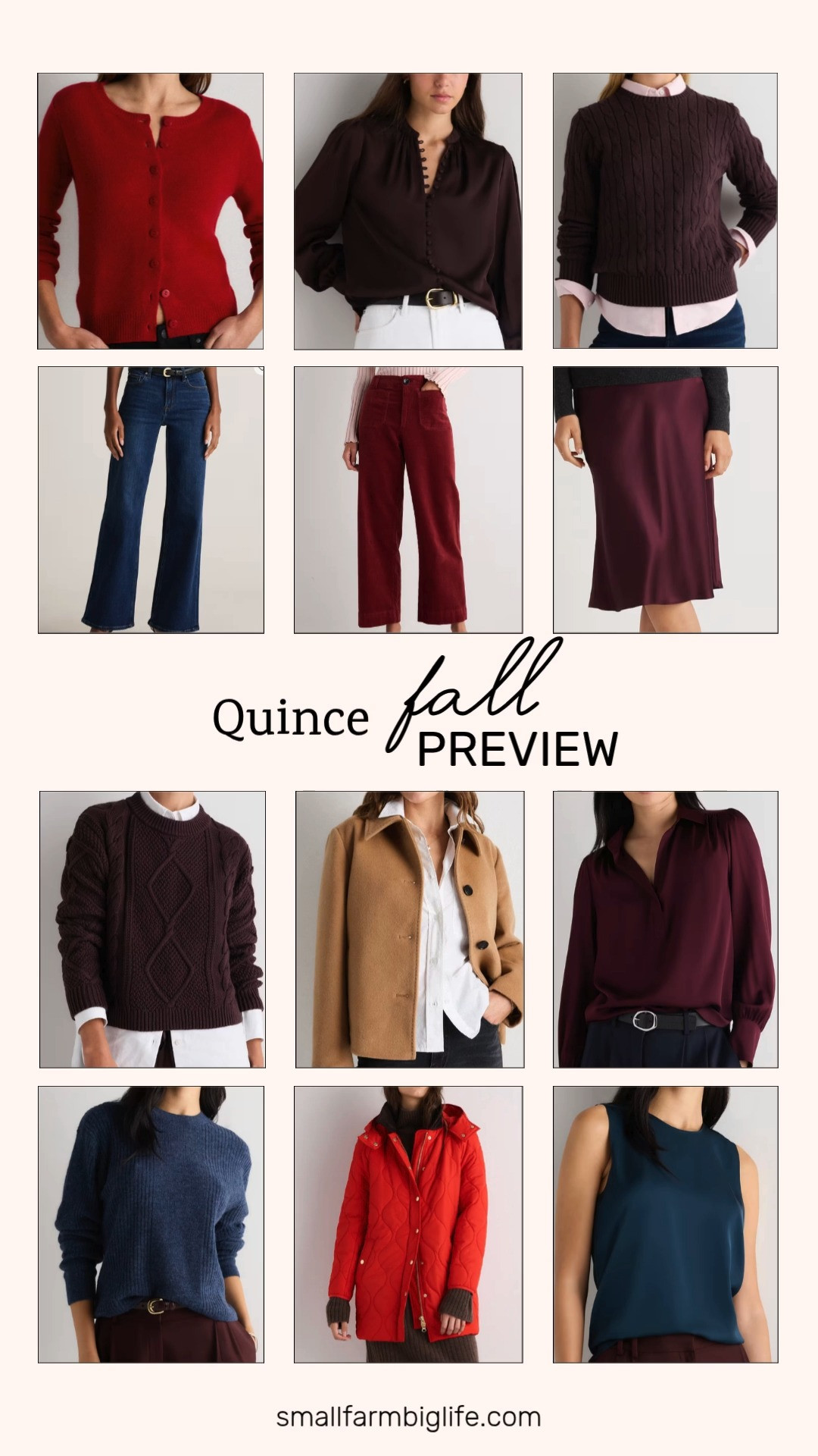 My Quince fall preview is here and this rich color palette is exactly what I want to wear all season.

The wine red 100% Washable Silk Skirt is such an elevated piece, and pairing it with the wine red Washable Stretch Silk Split Neck Blouse creates such a polished monochromatic look, perfect for date night outfits. The chocolate plum brown Washable Stretch Silk Peasant Blouse is another gorgeous silk piece that layers so easily under a sweater or cardigan.

For denim, the midnight blue Bella Stretch Wide Leg Jeans are an easy everyday staple, and the deep brick red Organic Stretch Corduroy Cropped Wide Leg Pants add a fun pop of color for autumn outfits.

On the sweater front, the varsity red Mongolian Cashmere Cropped Cardigan is such a soft, luxurious layering piece, and the chocolate plum brown Organic Cotton Cable Crewneck Sweater and its cropped counterpart are both classic fall staples. The carbon blue Baby Alpaca Ribbed Crewneck is another cozy option that feels effortless for business casual workwear.

For outerwear, the camel Wool Cashmere Short Coat is timeless and polished, while the spritz red Quilted Hooded Puffer Jacket is a fun statement piece for colder days. And the stratus blue Washable Stretch Silk Shell Tank is such a versatile basic to layer under any of these pieces.

All of it is linked and perfect for building out your fall wardrobe this season.

#quince #fallfashion #falloutfits #autumnoutfits #datenightoutfits 

 #LTKootd #LTKOver40 #LTKWorkwear