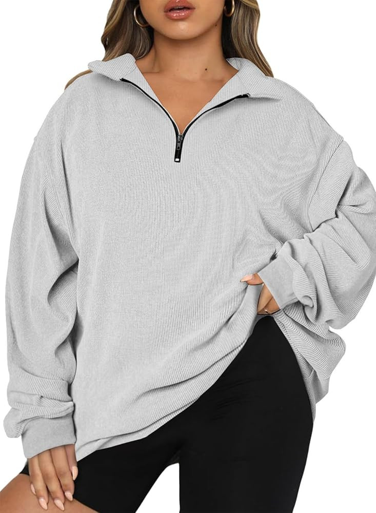Chulianyouhuo Women Plus Size Oversized Sweatshirt Ribbed Corduroy Half Zip Pullover Tops Casual ... | Amazon (US)