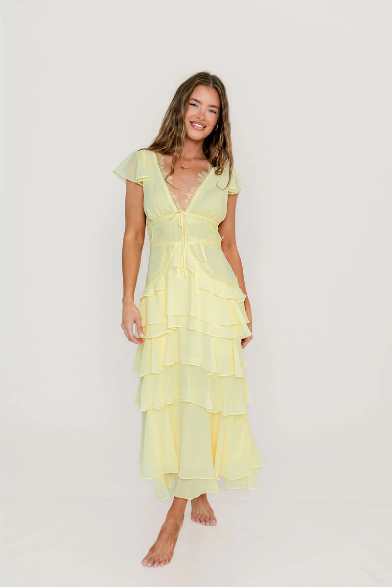 Jessa Tiered Ruffle Midi Dress in Yellow | Worth Collective
