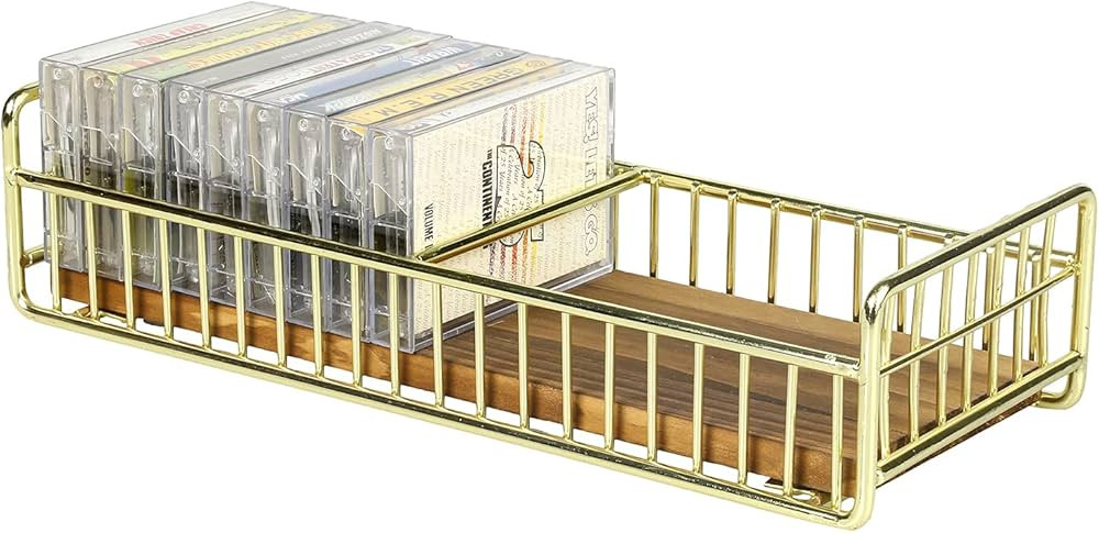 MyGift Retro Cassette Tape Storage Rack with Brass Tone Metal Wire Frame and Rustic Burnt Wood Ba... | Amazon (US)