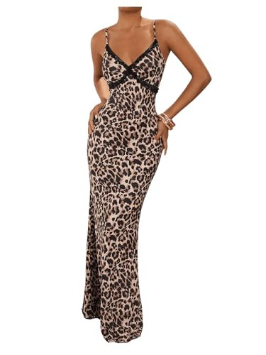 GORGLITTER Women's Leopard Cheetah Y2k Maxi Dress Lace Trim Spaghetti Strap Cami Dresses Brown Multicolor X-Large | Amazon (US)