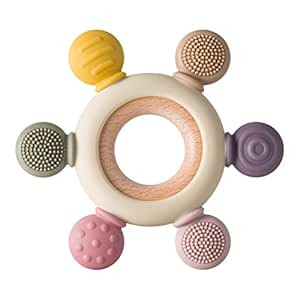 Baby Teething Toys Silicone Teethers BPA Free Silicone Rudder with Wooden Ring Soothe Babies Gums... | Amazon (US)
