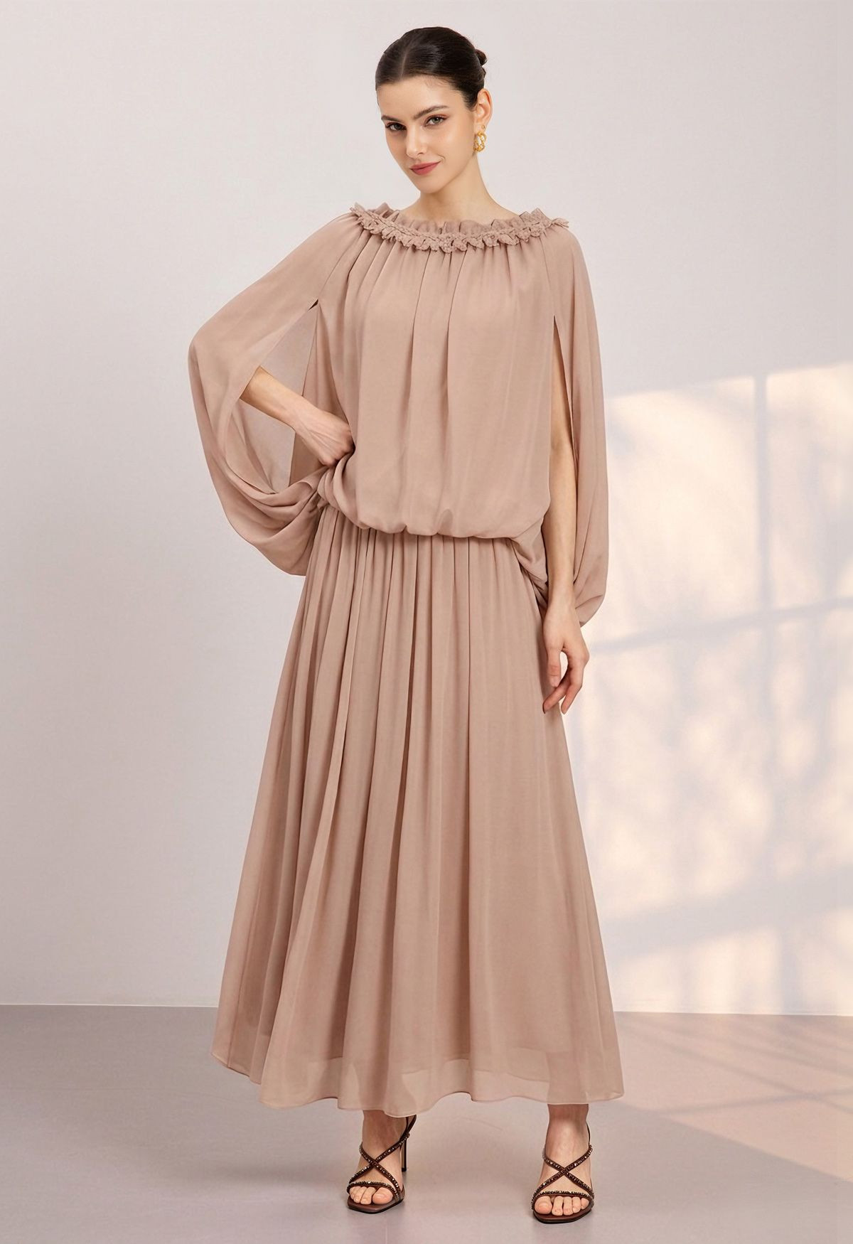 Ruffled Neck Cape-Style Chiffon Top and Maxi Skirt Set in Dusty Pink for Wedding Guest & Evening ... | Chicwish