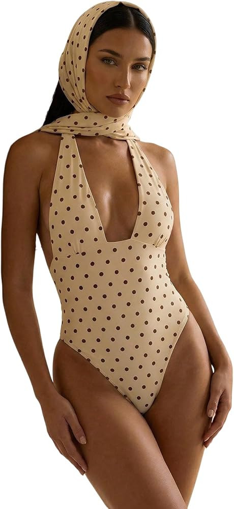 Milumia Women's Polka Dots One Piece Swimsuit Halter Deep V Neck Tie Back Bathing Suits with Scar... | Amazon (US)