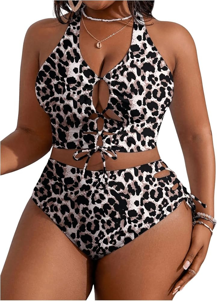 SweatyRocks Women's Plus Size Leopard Bikini Set Lace Up Criss Cross 2 Piece Swimsuit Bathing Sui... | Amazon (US)