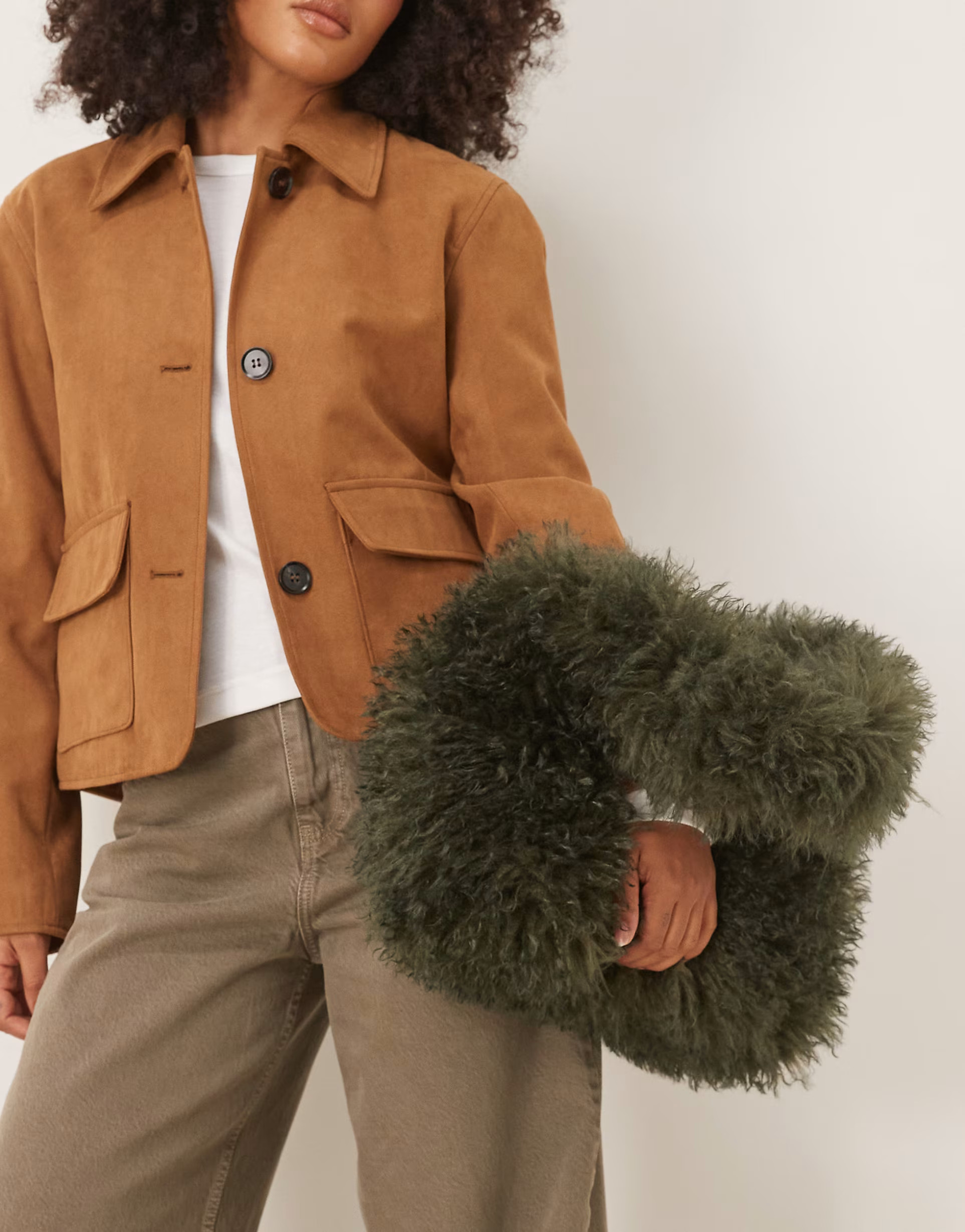 ASOS DESIGN curly faux fur tote bag in khaki green | ASOS | ASOS (Global)