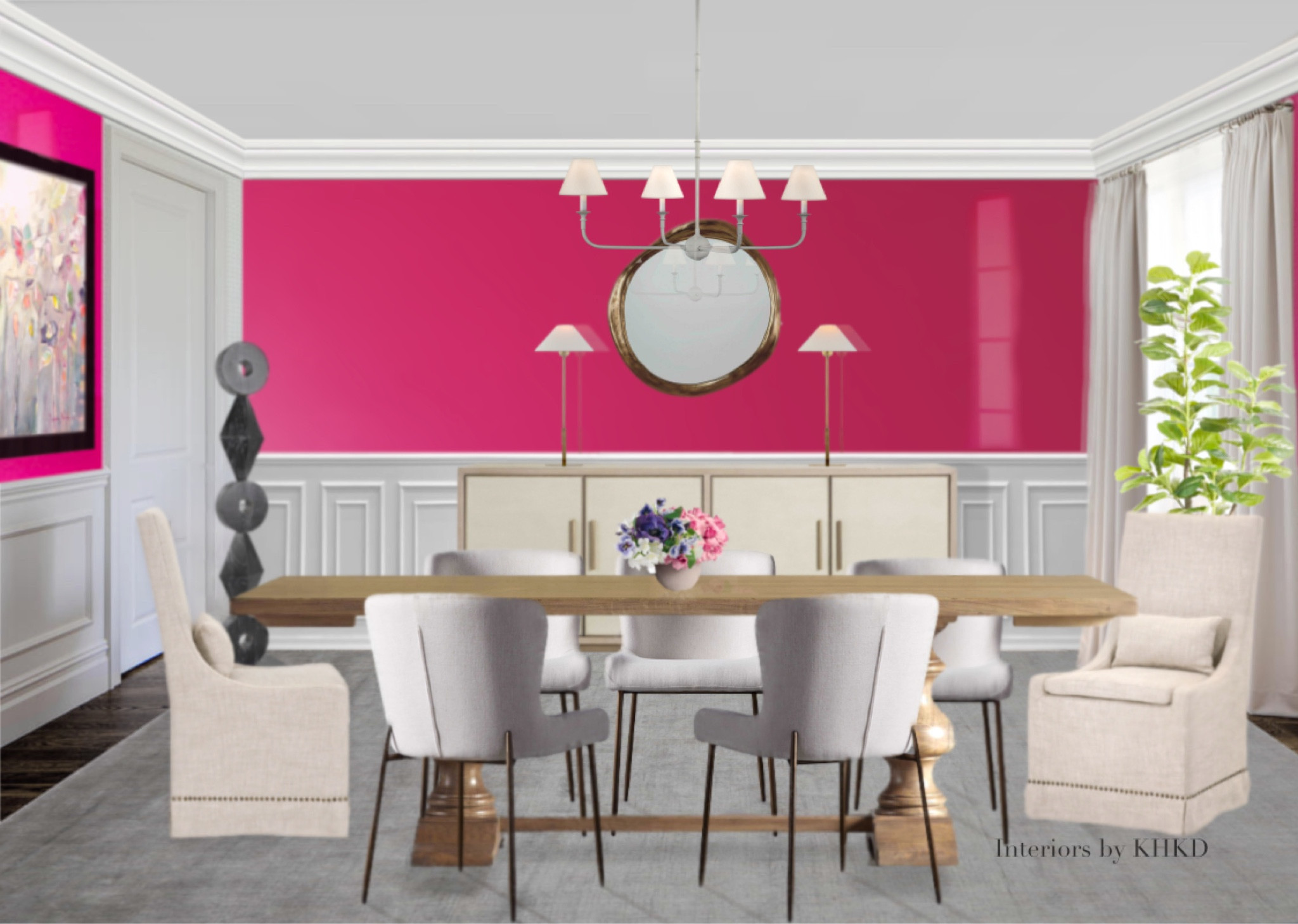 It is no doubt that barbiecore pink is the trending shade. Everything is so dreamy by looking through ‘rose colored glasses’. Pink often create very relaxing and romantic mood. This elegant dining room we designed features a barbiecore pink on the walls. Handcrafted in Italy, a honey extendable poplar dining table brings in a touch of an old world charm with its natural look and organic vibe, nicely contrasting with the hot pink on the walls to create a timeless interior. The simplicity design of the dining chairs elevate the space with its chic sculpted silhouette and casual luxury. The plaster white chandelier graces the space with its quiet elegance. The shimmery rug is 100% of linen and add the final touch of the understated sophitication to anchor the space.  #prettyinpink #diningroom #barbiecore 

#LTKhome #LTKFind #LTKfamily