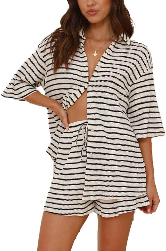 VOIKERDR 2 Piece Sets for Women Stripes Shirt and Shorts Summer Outfits Shorts Sets | Amazon (US)