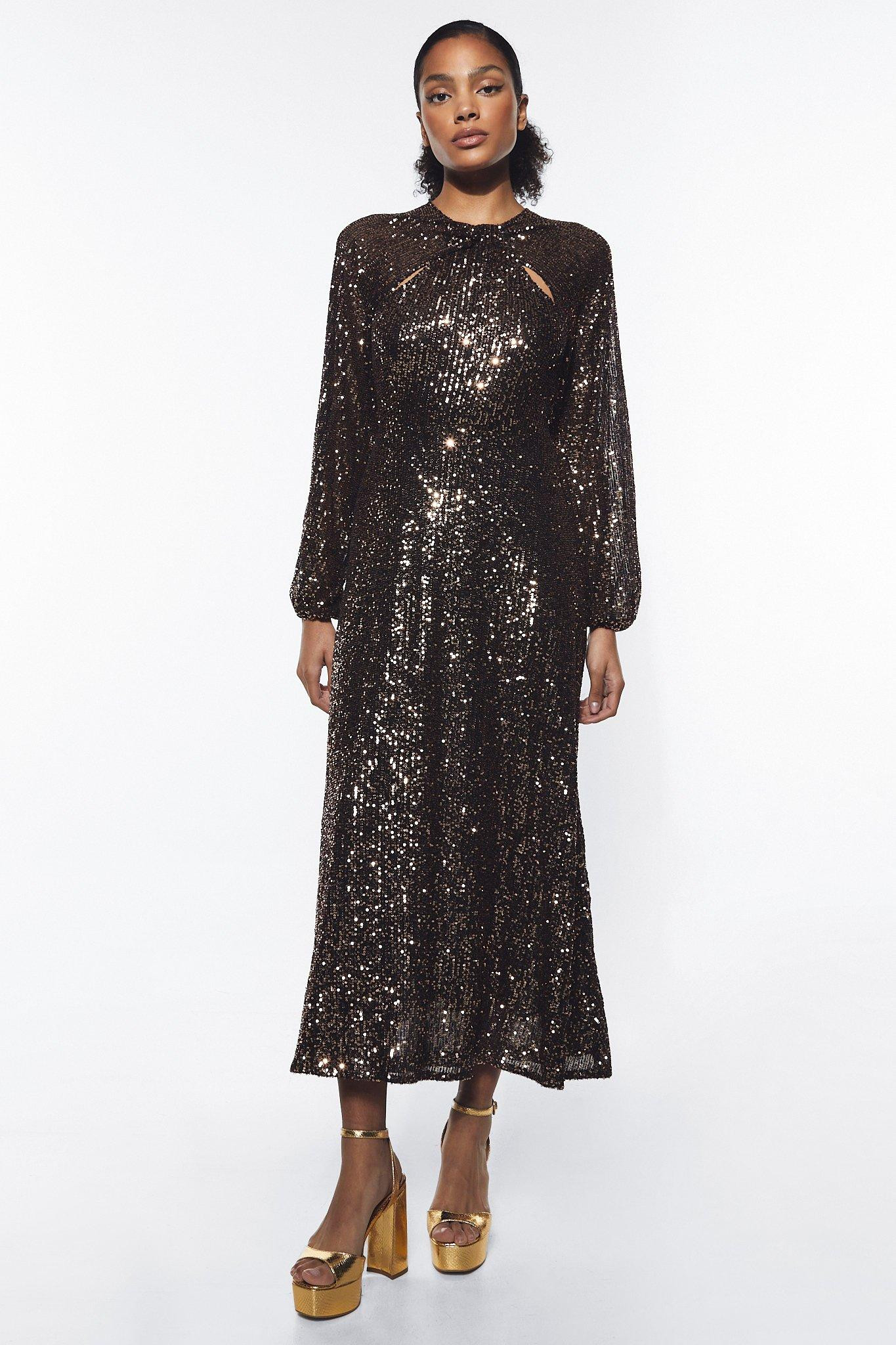 Drapey Sequin Twist Neck Midi Dress | Warehouse UK & IE