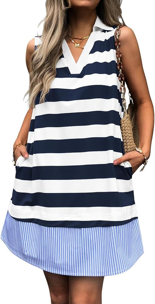 Women Summer Tunic Dress V Neck Sleeveless Striped Casual Sundress Loose Flowy Swing Shift Dress ... | Amazon (US)