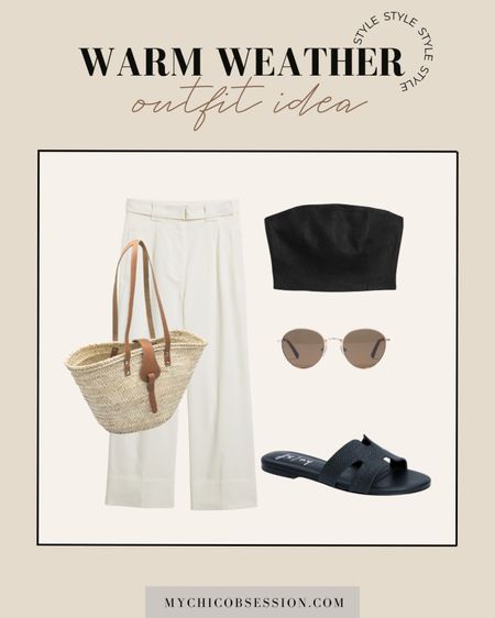 This warm weather look is perfect for your next vacation outfit. Pair a strapless linen top with wide-leg white trousers. Add black sandals, a straw tote bag with leather details, and a pair of classic gold sunglasses to finish the style.

#LTKSeasonal #LTKstyletip #LTKtravel