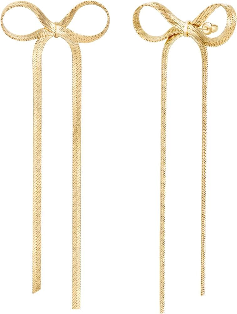 Gold Bow Earrings for Women Dainty Ribbon Bow Stud Earrings Gold Dangle Drop Tassel Earrings Long... | Amazon (US)
