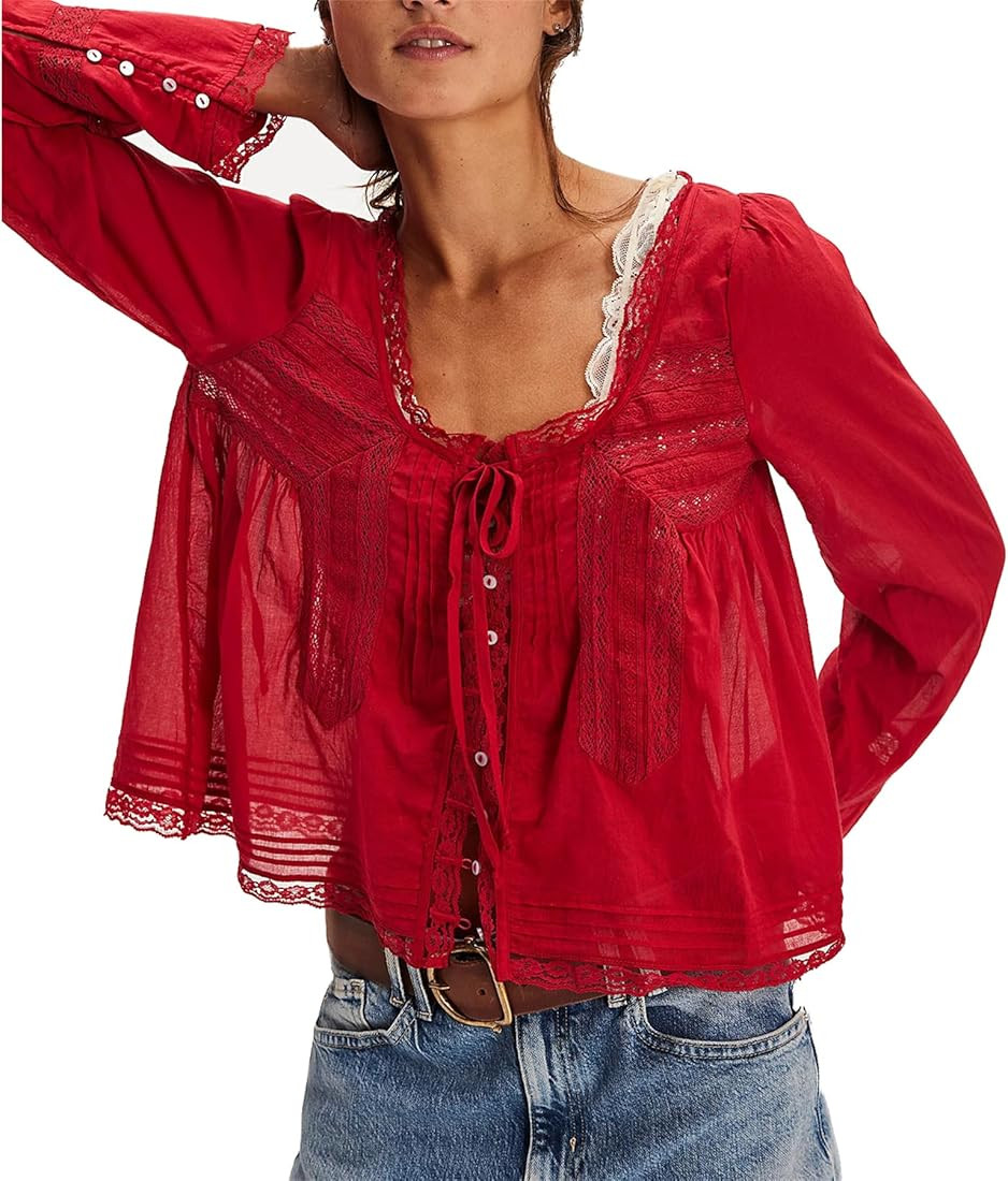 Women Y2K Ruffle Lace Trim Shirt Long Sleeve Low Cut V-Neck Semi Sheer Cotton Blouses Fall Coquet... | Amazon (US)