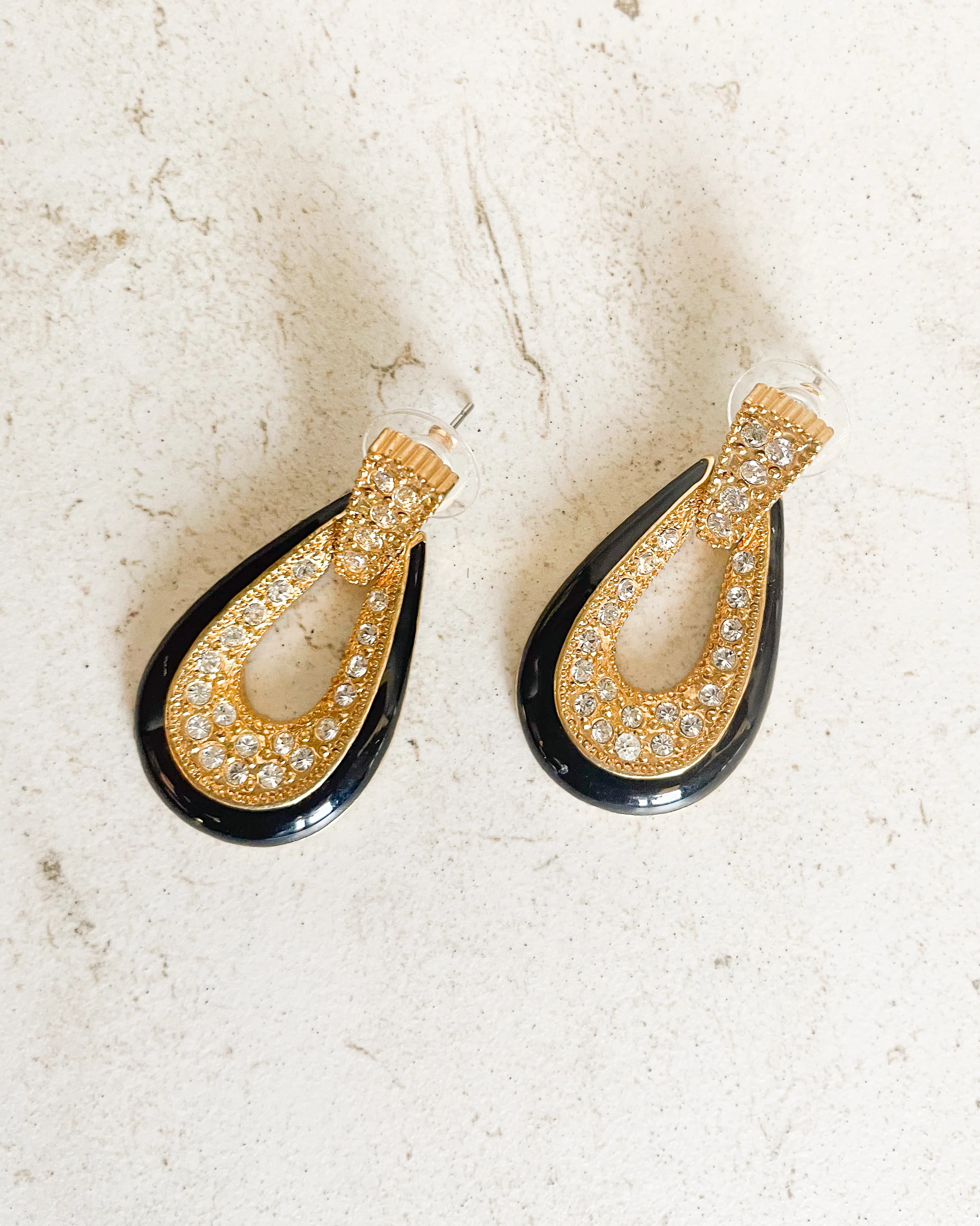 Vintage black enamel rhinestone teardrop earrings | Care Tucker