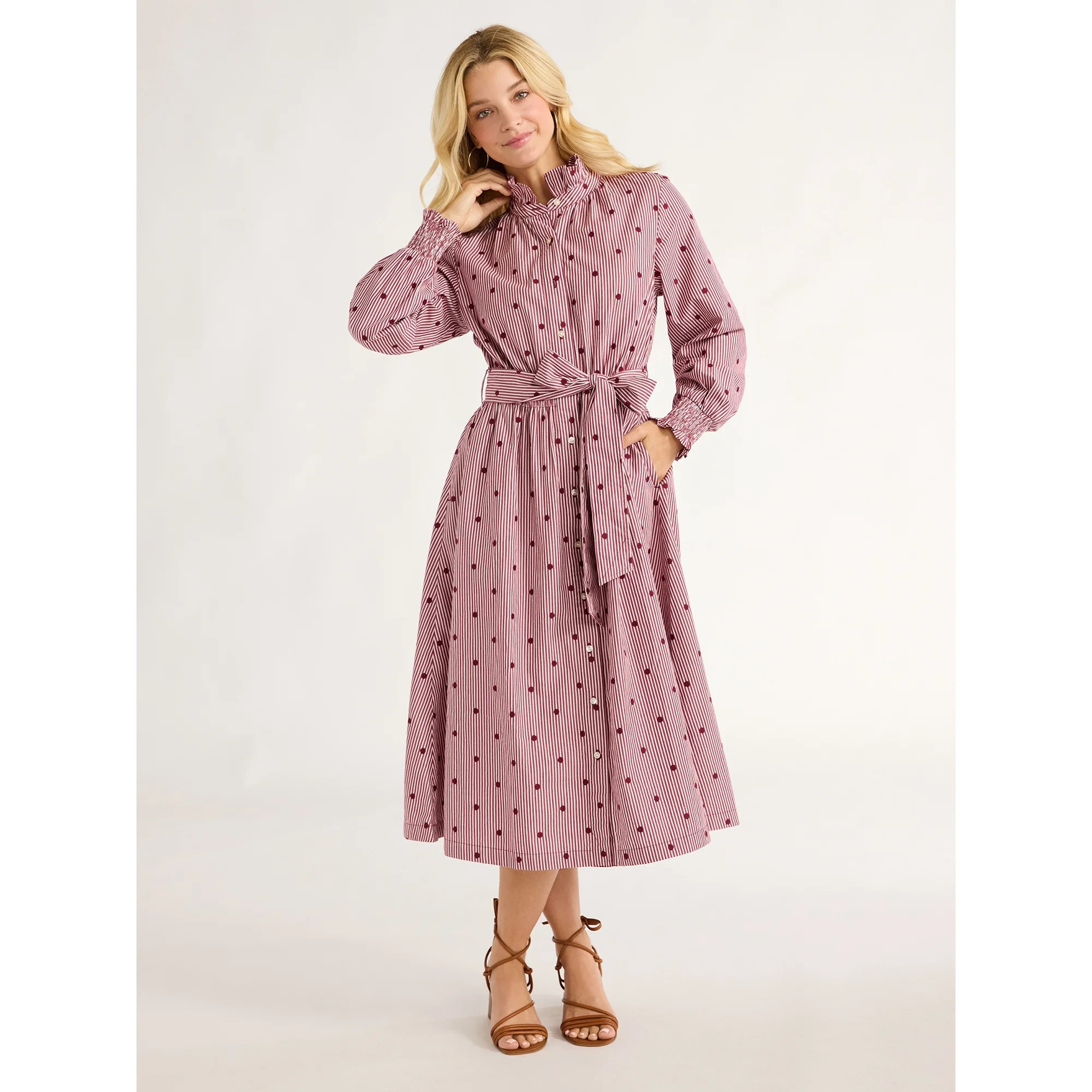 Free Assembly Women's Ruffle Neck Cotton Embroidered Midi Dress, Sizes XS-XXL | Walmart (US)