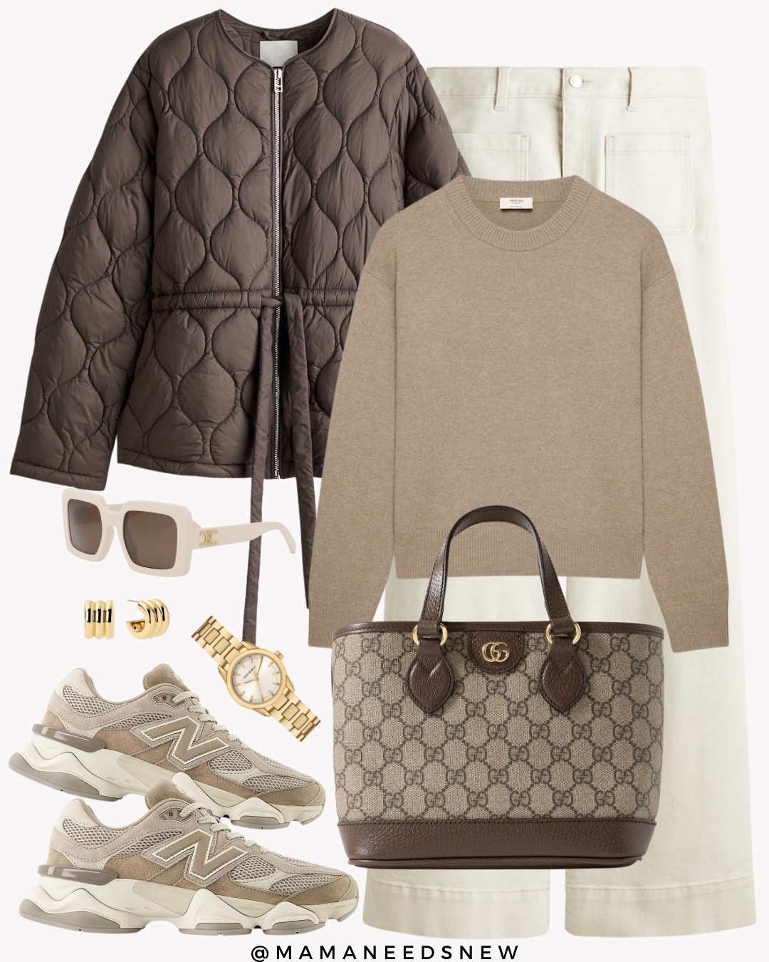 A fall outfit with quilted belted jacket, cashmere sweater, cream jeans, tote bag & sneakers 🤎

#LTKStyleTip #LTKShoeCrush #LTKSaleAlert