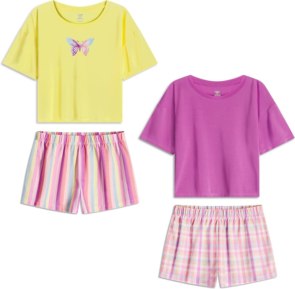 Girls Pajamas Sets- 4-Piece Cute Short Sleeve & Shorts PJ Set, Pink Girls’ Sleepwear, Kids Paja... | Amazon (US)