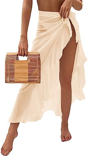 OYOANGLE Women's Mesh Sheer Swimsuit Cover Up Ruffle Tie Side Beach Sarong Wrap Long Skirt | Amazon (US)