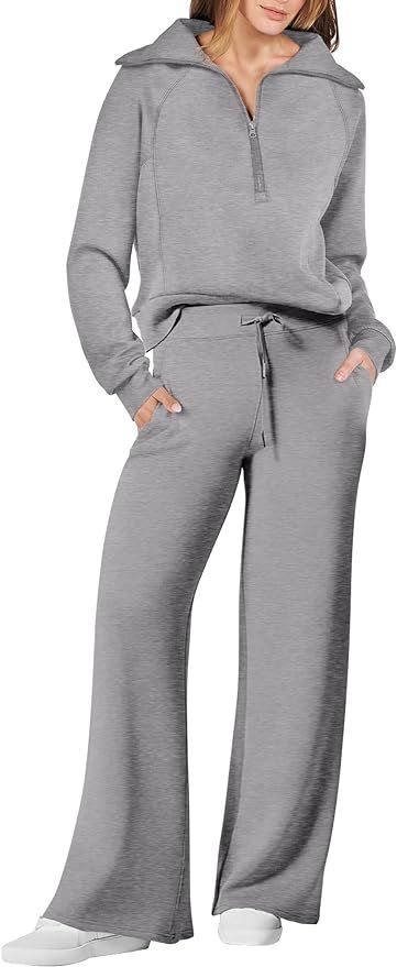 ANRABESS Women 2 Piece Outfits Sweatsuit Set 2023 Fall Oversized Half Zip Sweatshirt Wide Leg Swe... | Amazon (US)