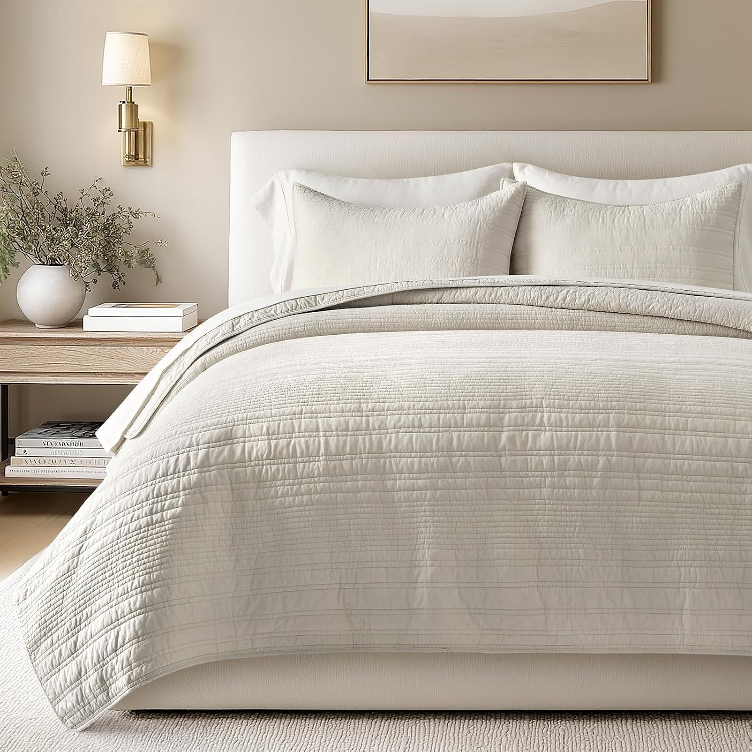 EVERGRACEHOME 100% Cotton Modern Lines Quilt Set King Size, Birch | Amazon (US)