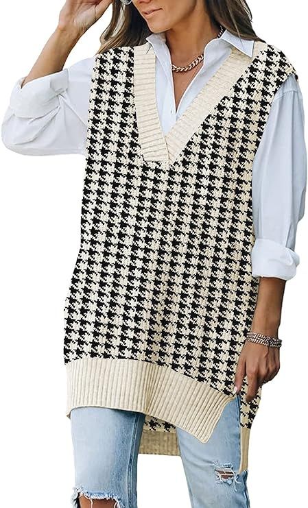 Viottiset Women's Oversized V Neck Knit Sweater Vest Tunic Sleeveless Pullover Top | Amazon (US)