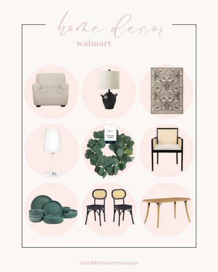 Walmart, Walmart home decor, accent chair, table lamp, area rug, garland, wine glasses, dishes, dining table 

#LTKhome #LTKSeasonal #LTKfindsunder100