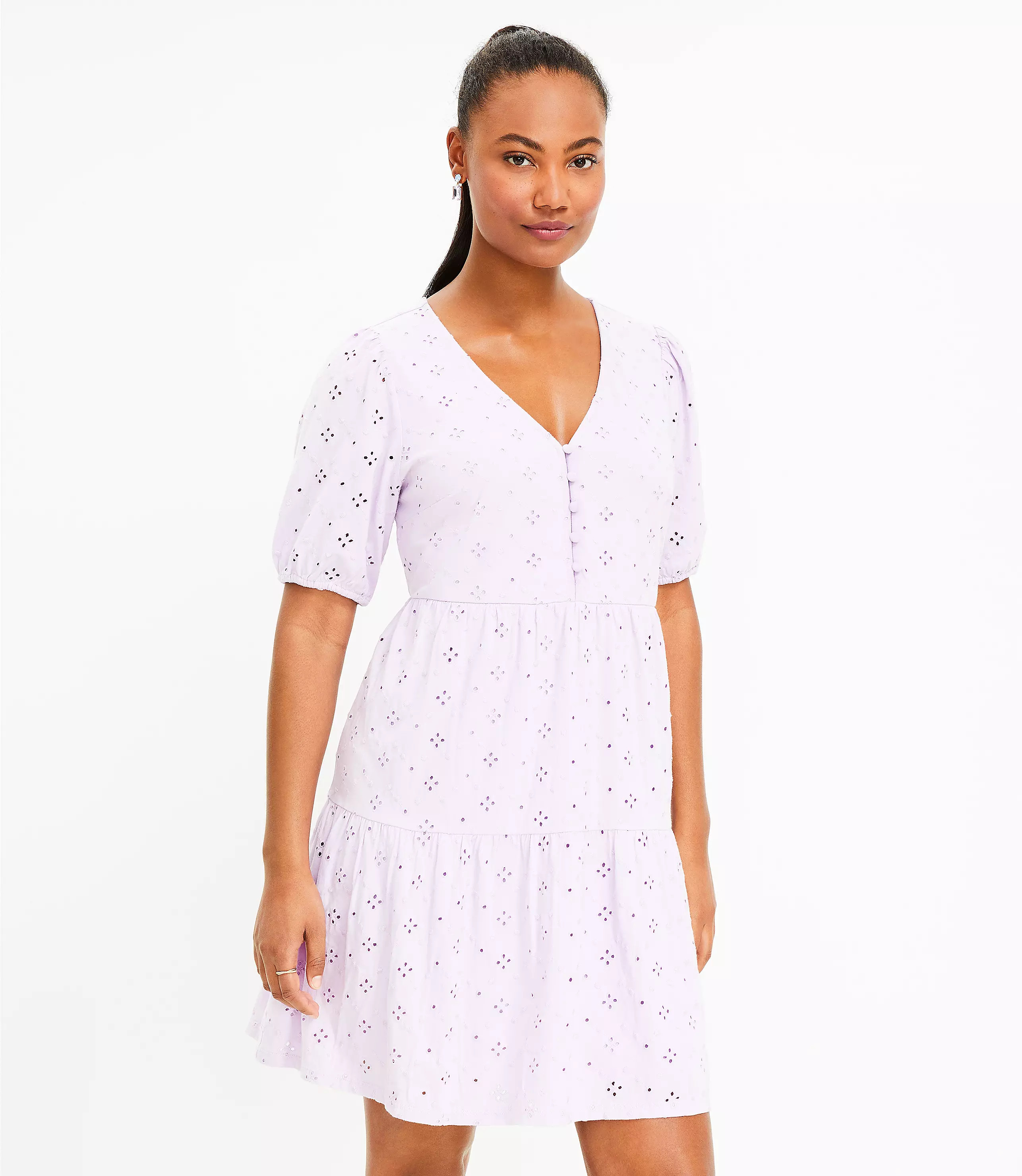 Petite Eyelet Puff Sleeve Button Tiered Swing Dress | LOFT
