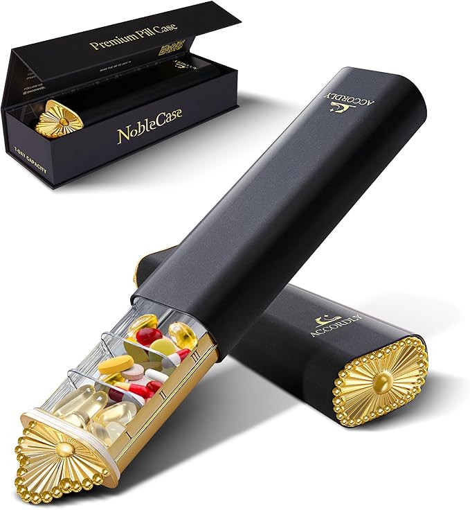 Premium Weekly Pill Organizer, 7-Day Compact Pill Case for Purse, Lightweight Gold Aluminum Pill ... | Amazon (US)