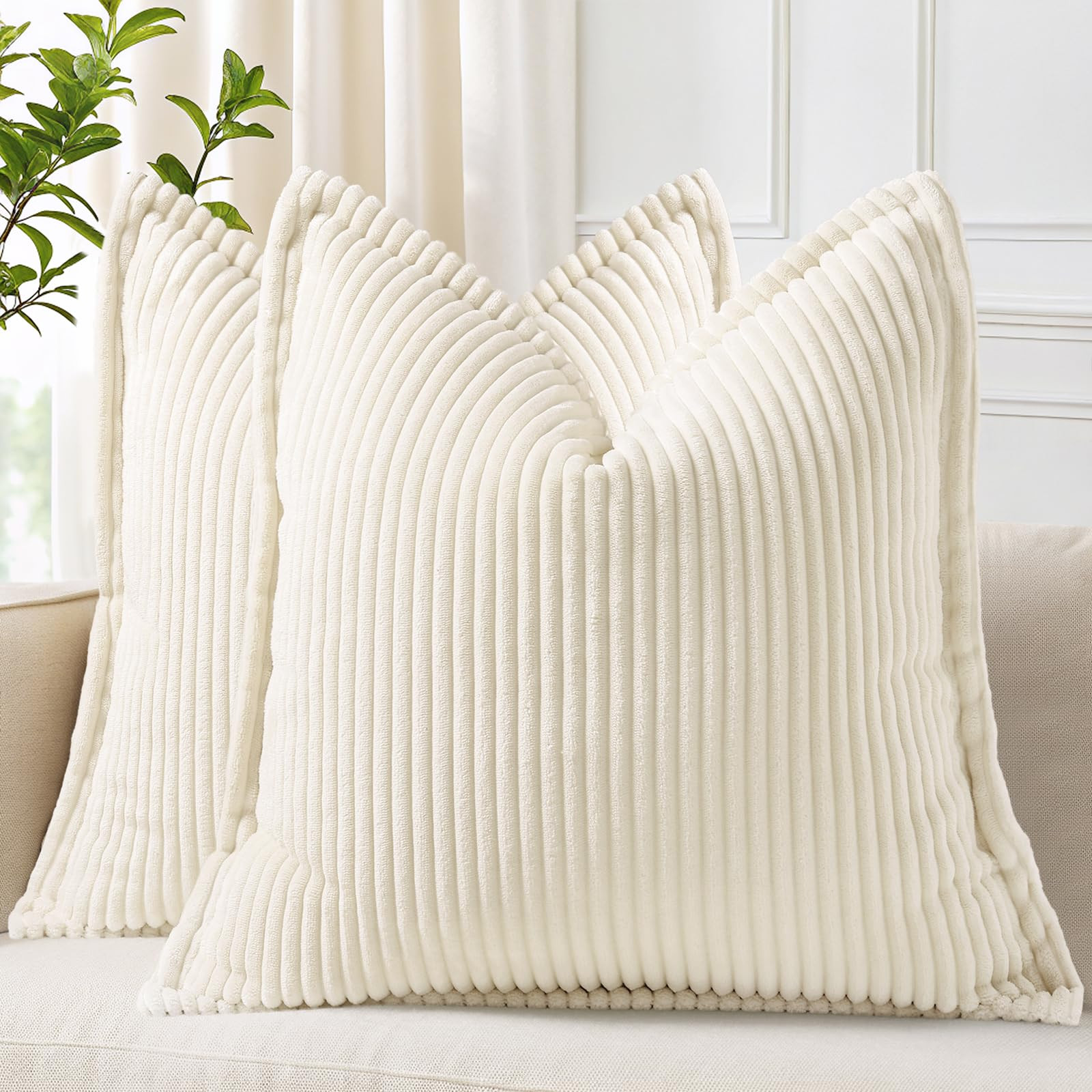 decorUhome Corduroy Cream White Throw Pillow Covers 18x18 Set of 2 Decorative Soft Striped Neutra... | Amazon (US)