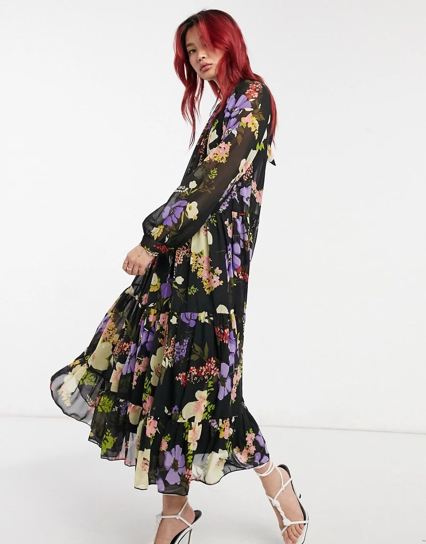 ASOS DESIGN high neck tiered maxi dress in bold floral-Multi | ASOS (Global)