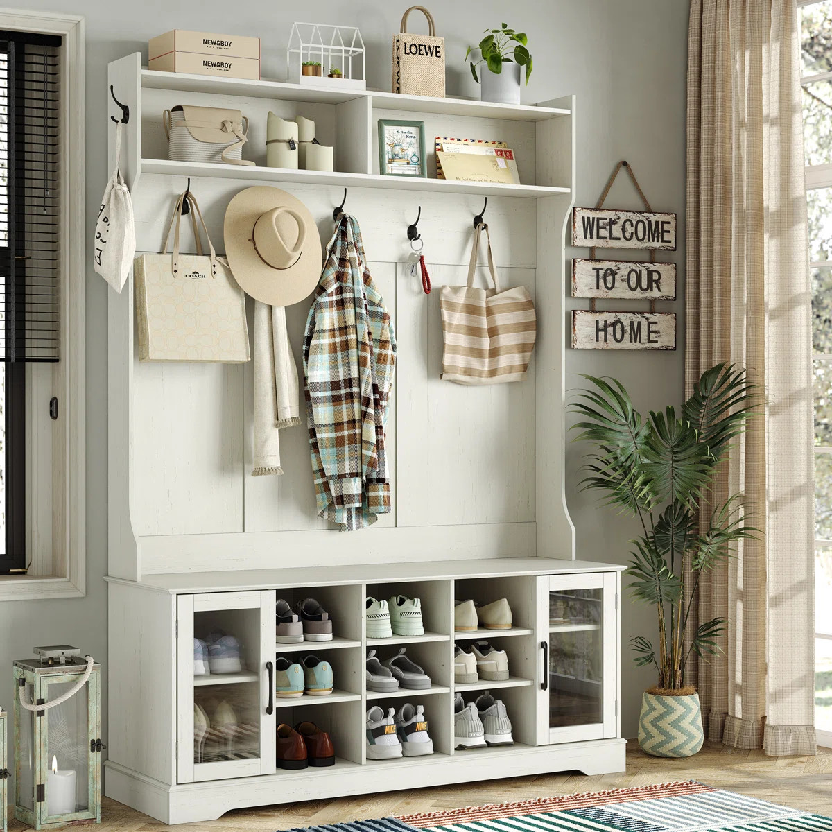 Jaxsin Hall Tree 51.3" Wide with Bench and Shoe Storage,4-in-1 Design Coat Rack for Entryway | Wayfair North America