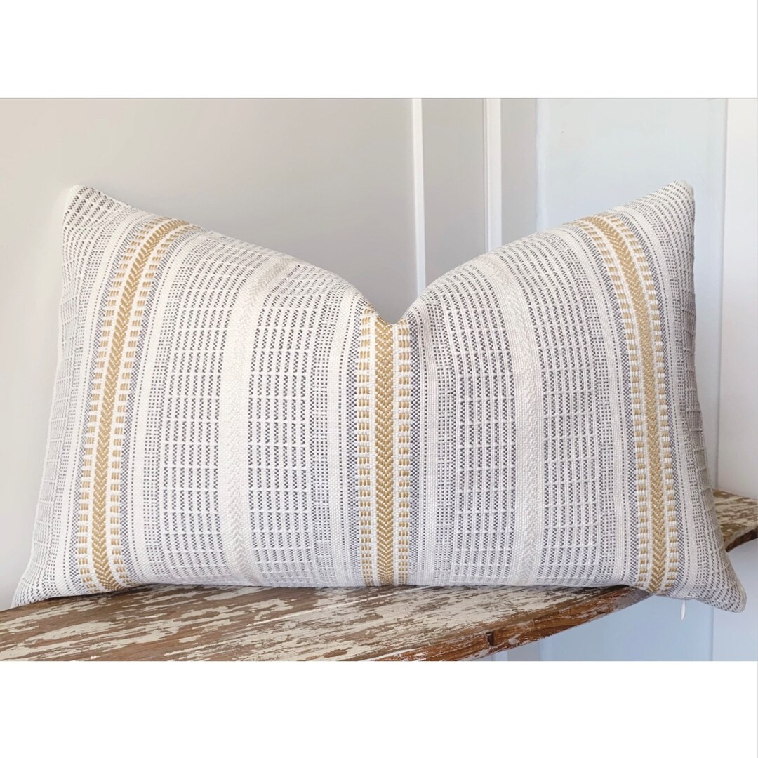 Outdoor Pillows Double Sided White Yellow and Slate Gray Striped Pillow Cover | Neutral Decor Hig... | Etsy (US)