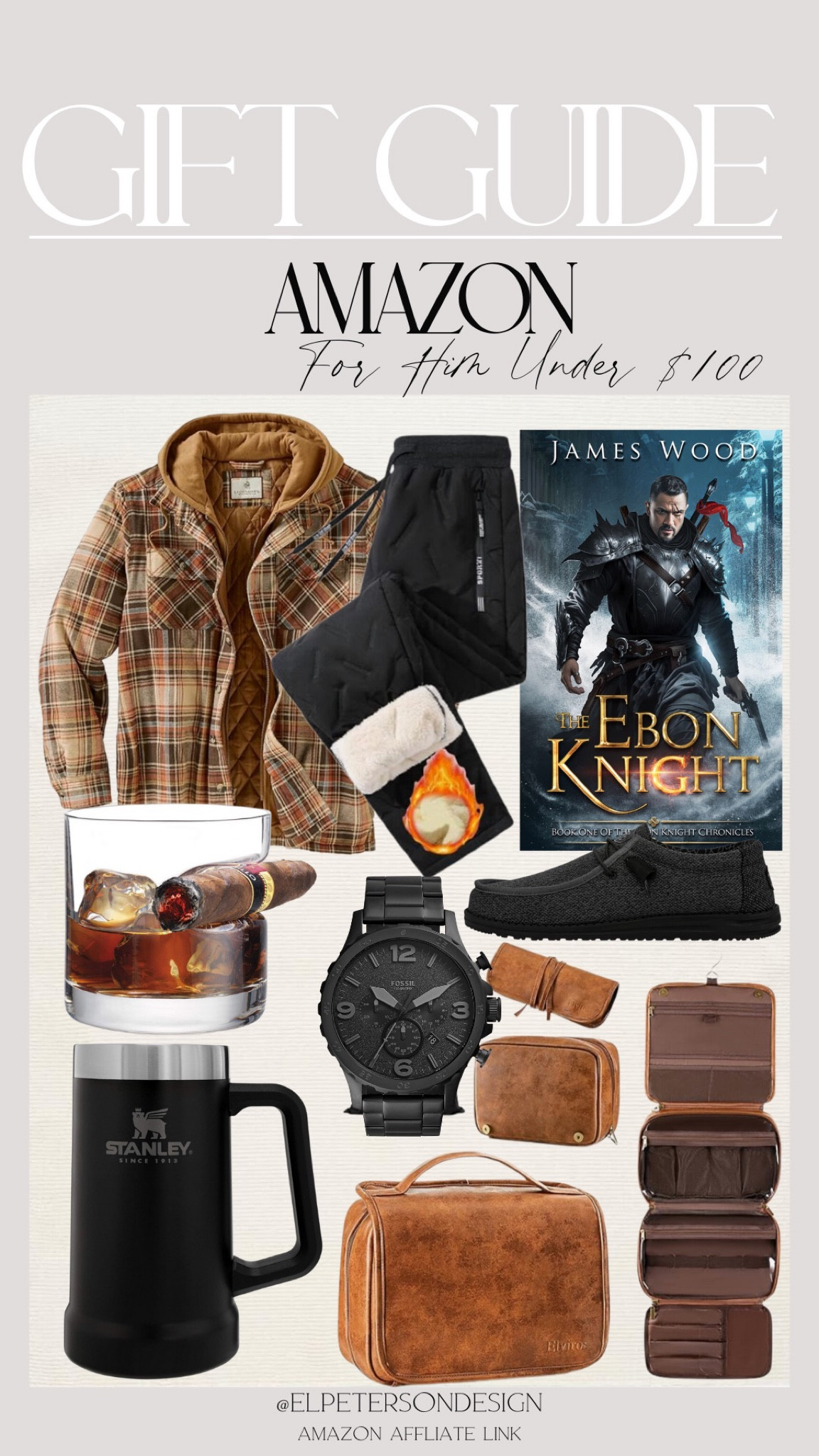 Men’s Flannel jacket 
Men fleece sweatpants
Slippers
Cigar glass
Stanley cup
Traveling bag
Watch
Book

#LTKfindsunder100 #LTKGiftGuide