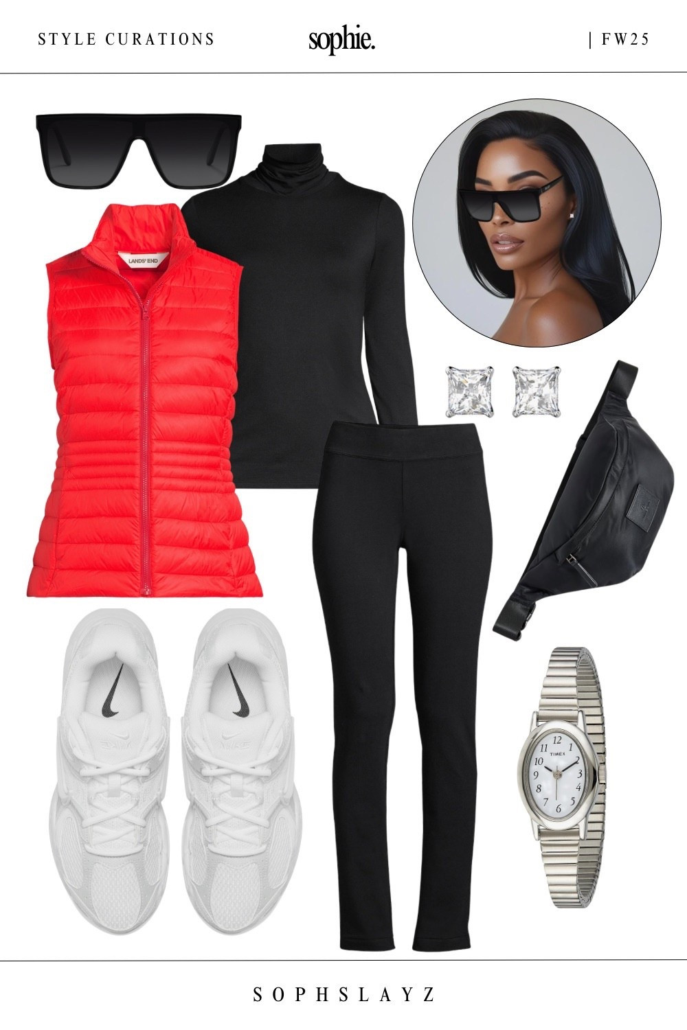 This look: black turtleneck, black leggings, a bold red puffer vest, white sneakers, and a black belt bag. Perfect for walks, casual weekends, or running errands in style.
Sporty meets sleek with a pop of red for that off-duty energy. Available in tall!
🔎: fall outfits, fall casual outfit, puffer vest, sporty outfit, black leggings, black fanny pack, oversized sunglasses, FW25 casual athleisure look, tall pants, tall style
