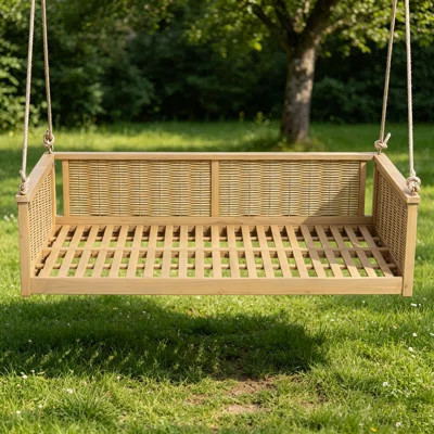 Outdoor Classic Solid Wood Twin Size Swing Bed, Durable Rattan Frame with Long Hemp Ropes for Backyard Relaxation | Wayfair North America