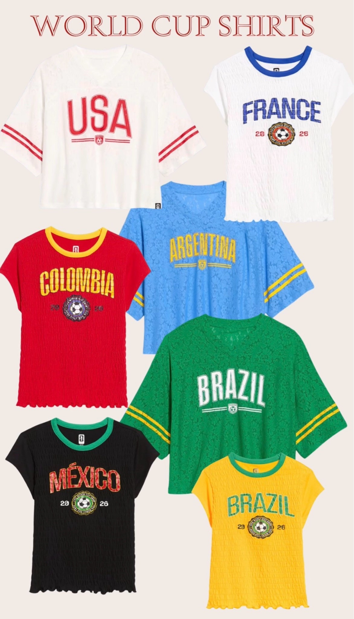 World Cup shirts 
World Cup lace jerseys 
FIFA soccer 
Soccer fans

#LTKSeasonal