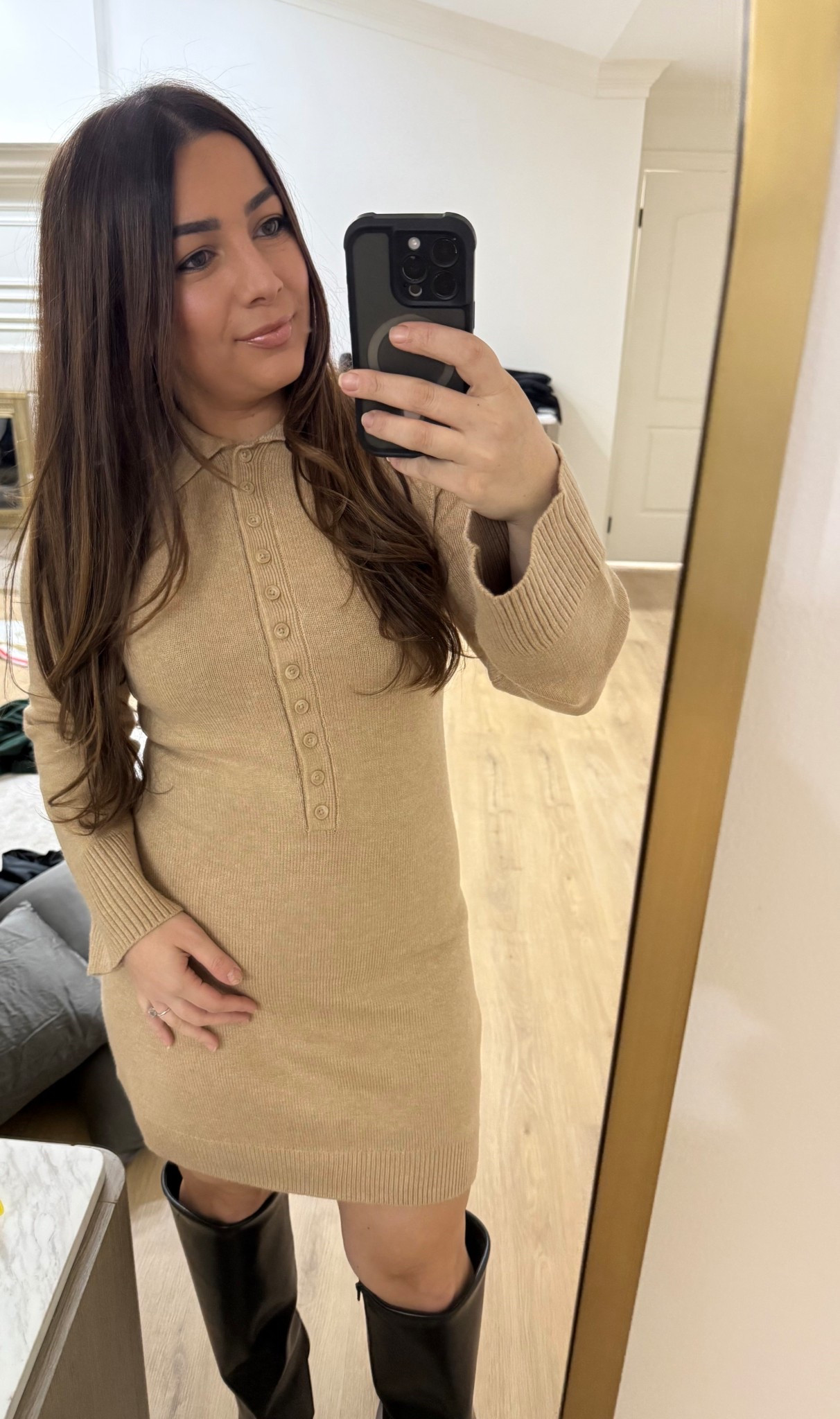 Easy holiday look! Wear this look to a holiday party, family pictures, or dinner! Can’t believe this sweater dress is from Target and these boots are everything 😍

#LTKgrwm #LTKHoliday #LTKootd