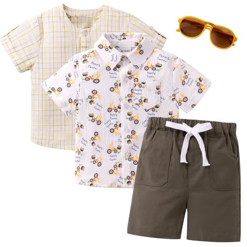 Booulfi Toddler Boy Clothes 2T Easter Outfit Boys Holiday Summer Beach Outfits Button Down Bunny Shirt Casual Shorts Matched Sunglasses 4 Pcs st Patricks Day Little Boy Outfit | Amazon (US)
