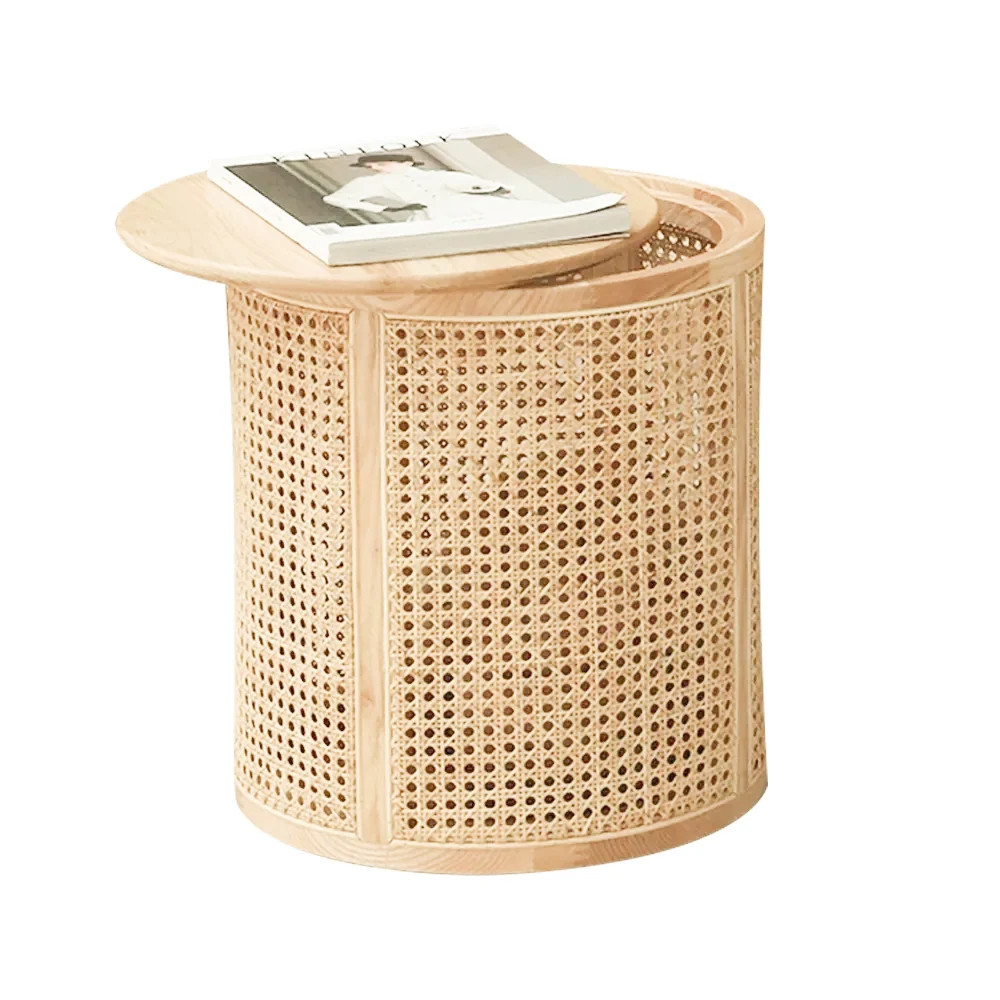Japandi Round End Table with Storage Rattan Side Table | Homary