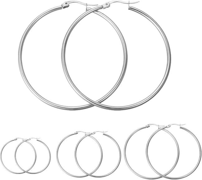 4 Pairs Stainless Steel Round Hoop Earrings for Women 15mm-60mm | Amazon (US)