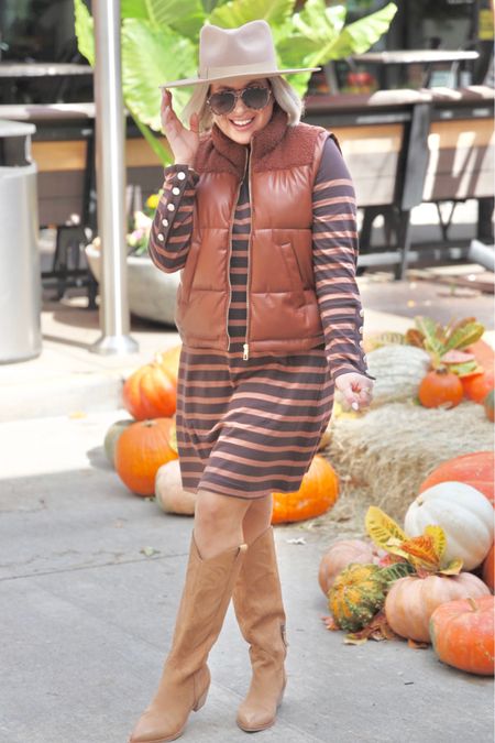 Maurice’s fall outfits. Great thanksgiving outfits. Stripped dress, size medium  Puffy vest size xl 
Code Wanda saves 20% for the boots  

#LTKmidsize #LTKHolidaySale #LTKover40