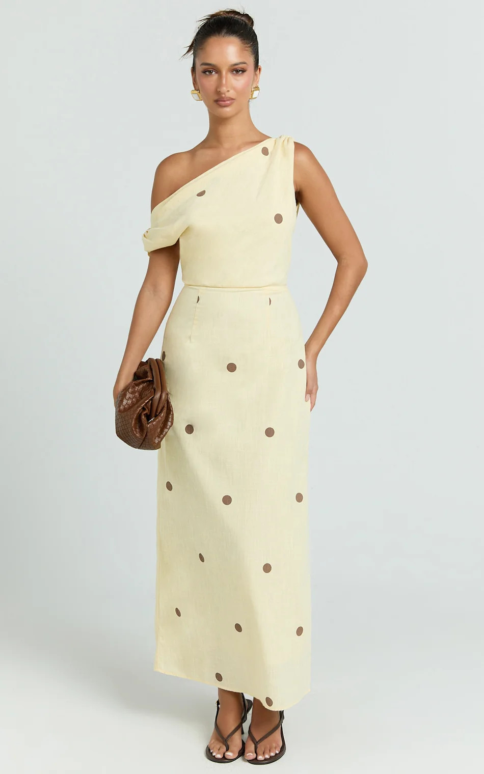 One Shoulder Dress in Yellow Choc Polka Dot | Showpo (US, UK & Europe)