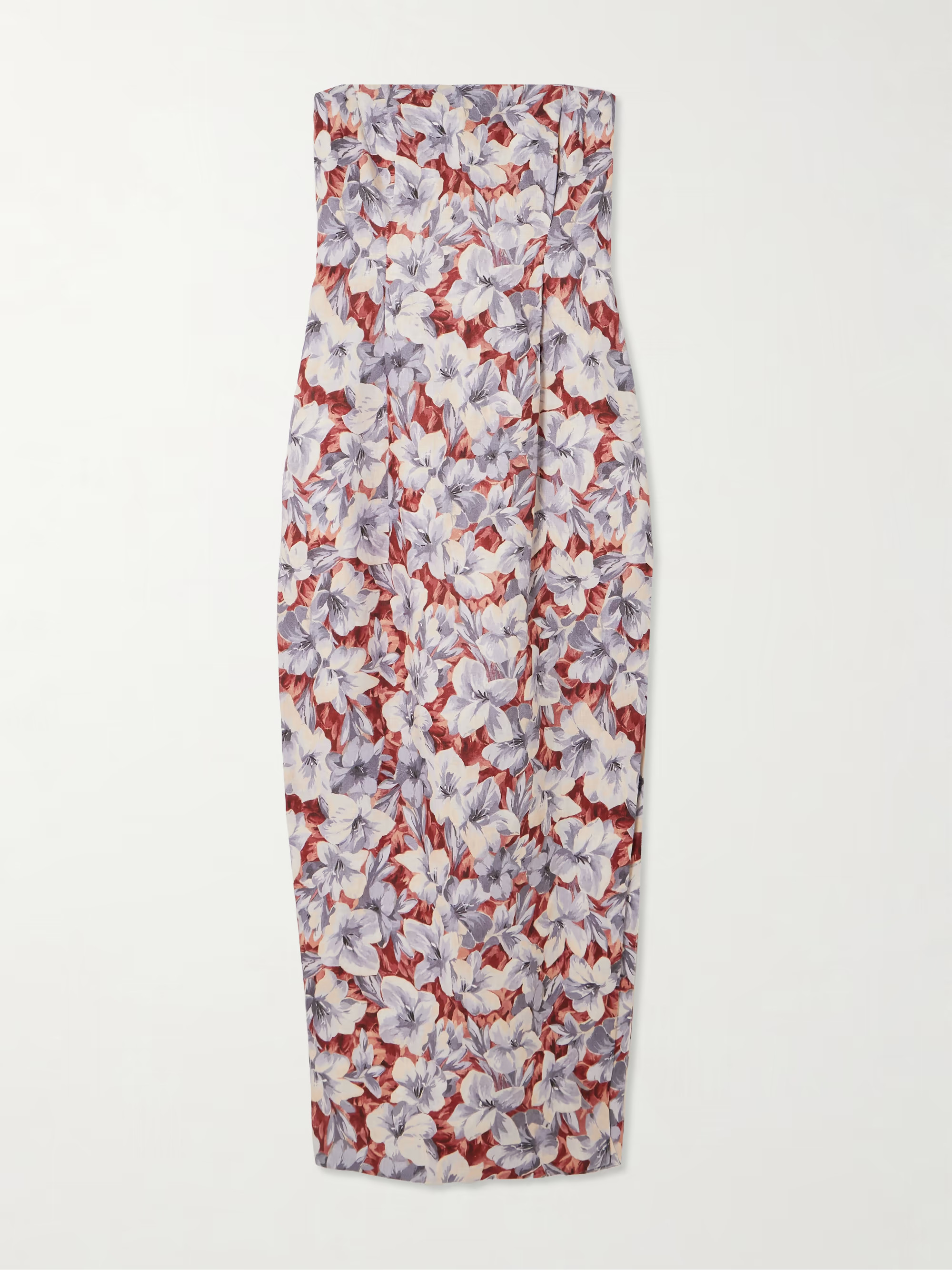 Rosalie strapless pleated floral-print linen midi dress | NET-A-PORTER (US)