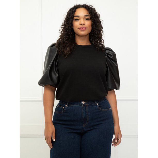 ELOQUII Elements Women's Plus Size Leather Sleeve Sweatshirt - Walmart.com | Walmart (US)